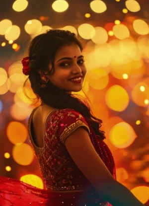 A woman dressed in a beautifully repurposed saree outfit, during Diwali celebrations, embracing sustainable fashion with traditional elegance