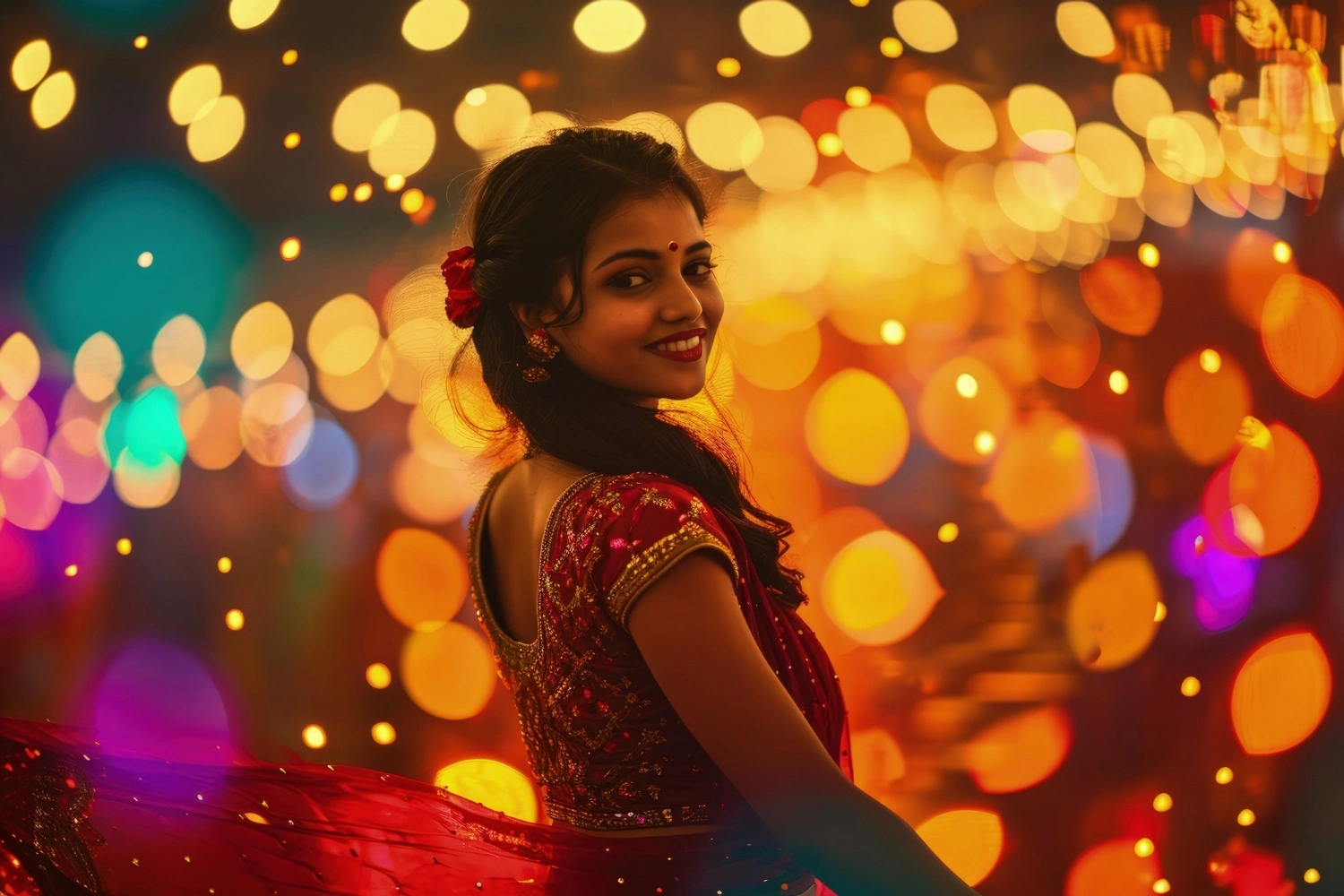 A woman dressed in a beautifully repurposed saree outfit, during Diwali celebrations, embracing sustainable fashion with traditional elegance