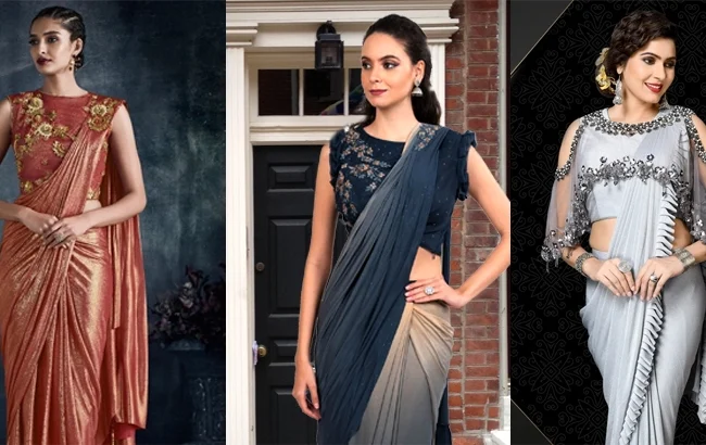 Woman wearing a ready-to-wear saree effortlessly in minutes.