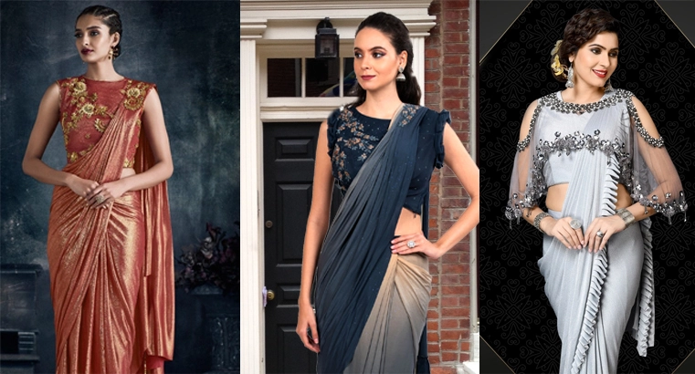 Woman wearing a ready-to-wear saree effortlessly in minutes.